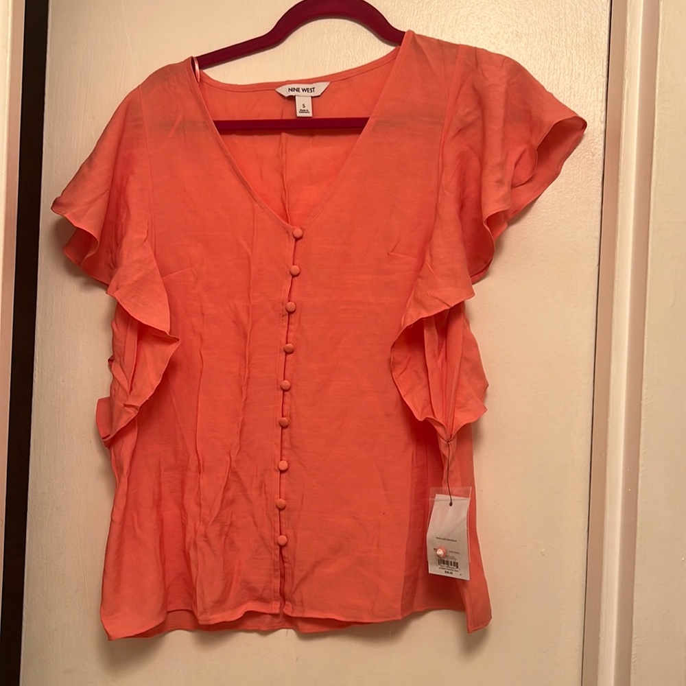 NWT Short sleeve button down top with side ruffles